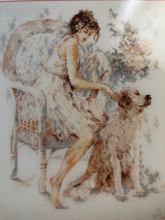 Lanarte, Stoney Creek, Seated Girl with Dog, Vintage 1994, Counted Cross Stitch Pattern