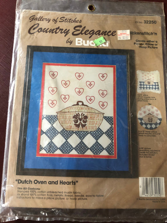 Country Elegance, by Bucilla, Dutch Oven and Hearts, Vintage Stamped Cross Stitch Kit