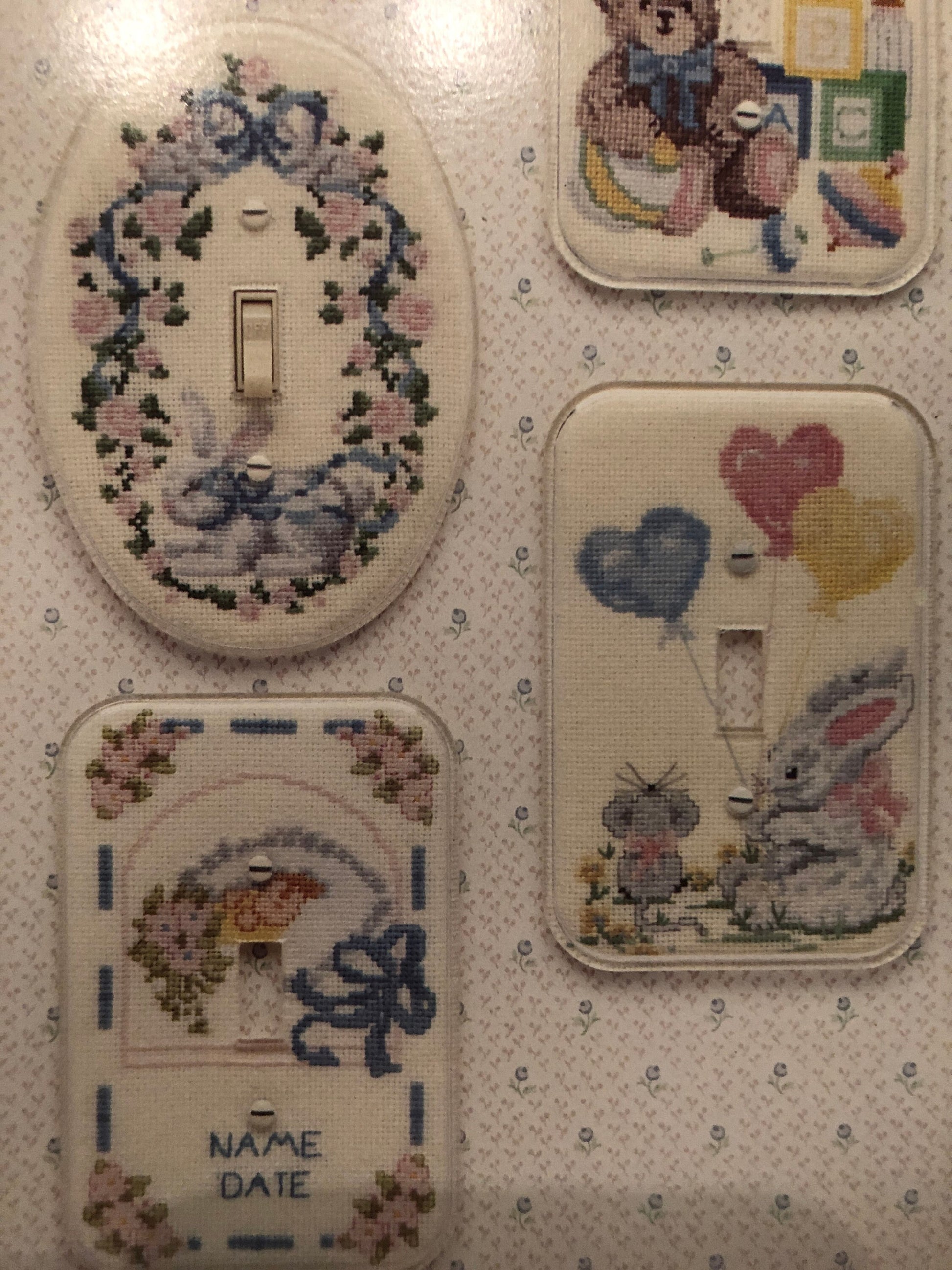 Stitches and Switches, Soft and Cuddly, Vintage 1990, Counted Cross Stitch Designs book Oval Designer Switch Plate Included*
