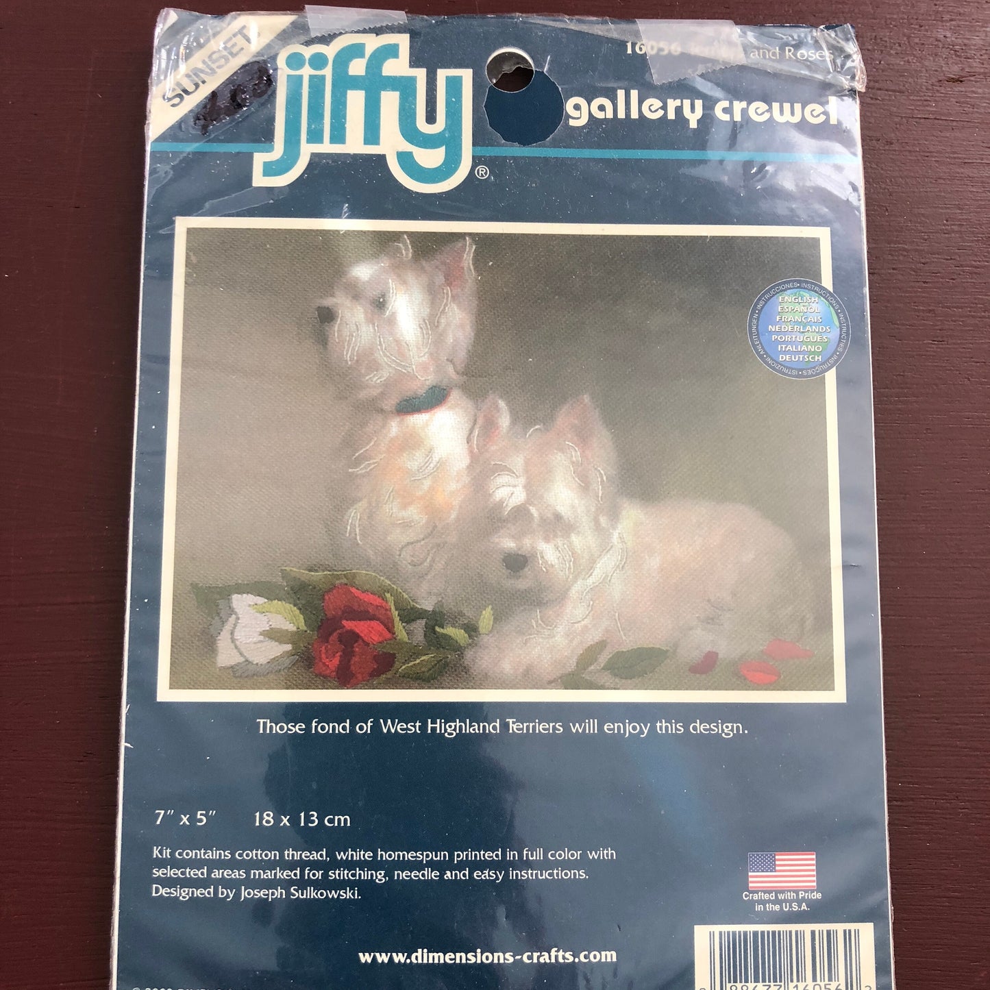 Jiffy, Terriers and Roses, Crewel Kit, Pre-printed, fabric and threads, 7 by 5 inches