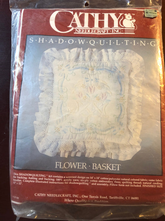Cathy Needlecraft Inc, Flower Basket, Vintage 1984, Shadow Quilting Kit, 14 by 14 Inches