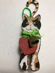 Wooden Kitten wearing a Heart and a Bell Ornament Vintage Ornament/Figurine