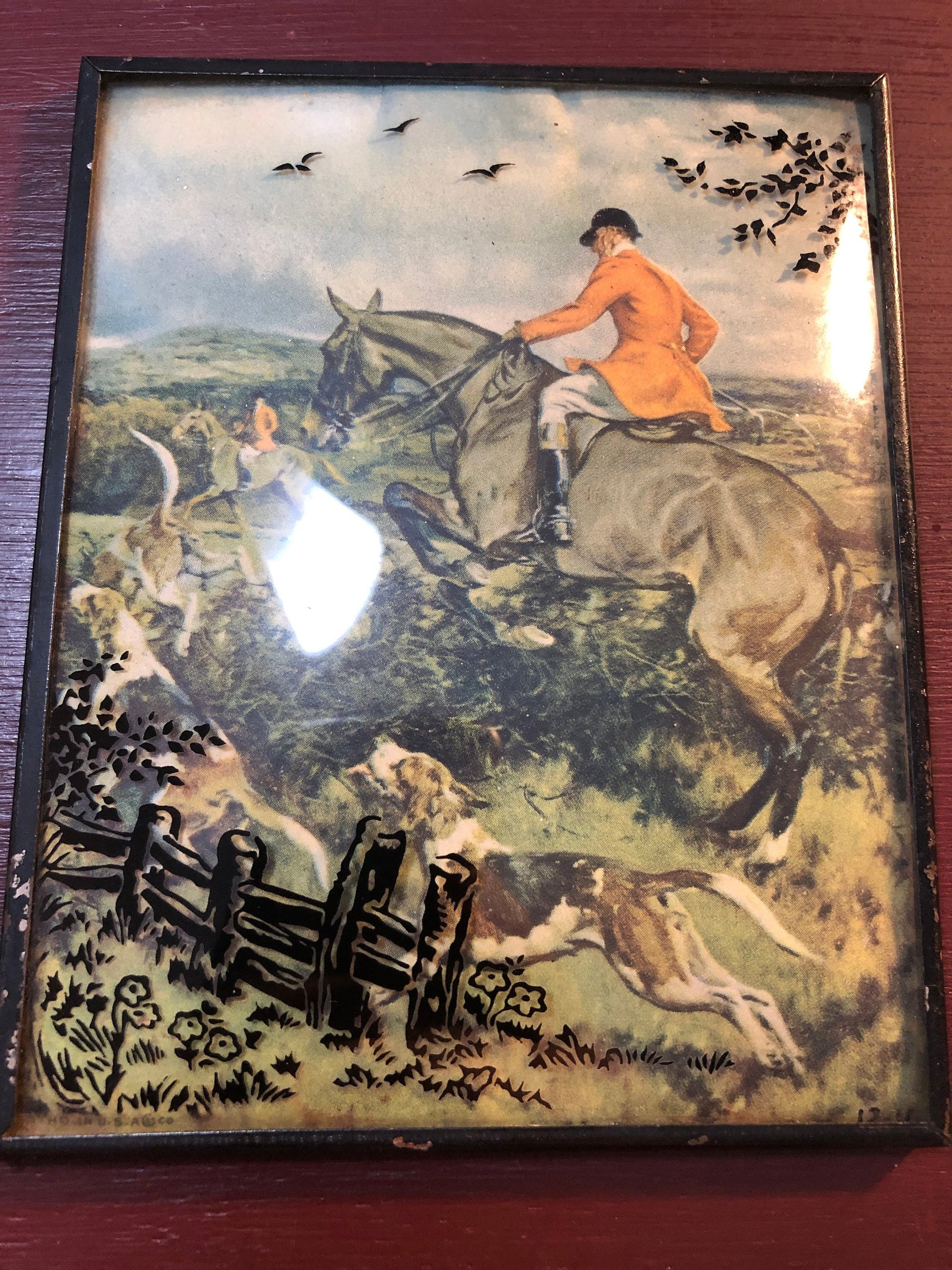 Fox Hunt, Man on Horseback, Vintage Collectible, Reverse Painting