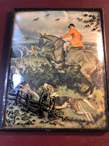 Fox Hunt, Man on Horseback, Vintage Collectible, Reverse Painting