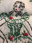 Beautifully Embroidered, Woman on Stairs with Flowers, Vintage Dresser Scarf, Finished Object 34 by 12 Inches