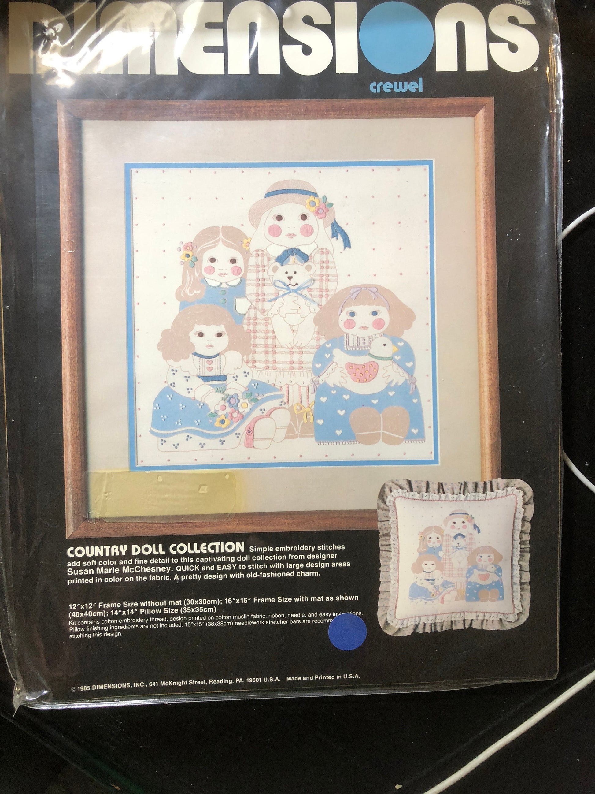 Dimensions, Country Doll Collection, 12 by 12 inch, Design Printed on Cotton Muslin Fabric, Vintage 1985, Crewel Kit*