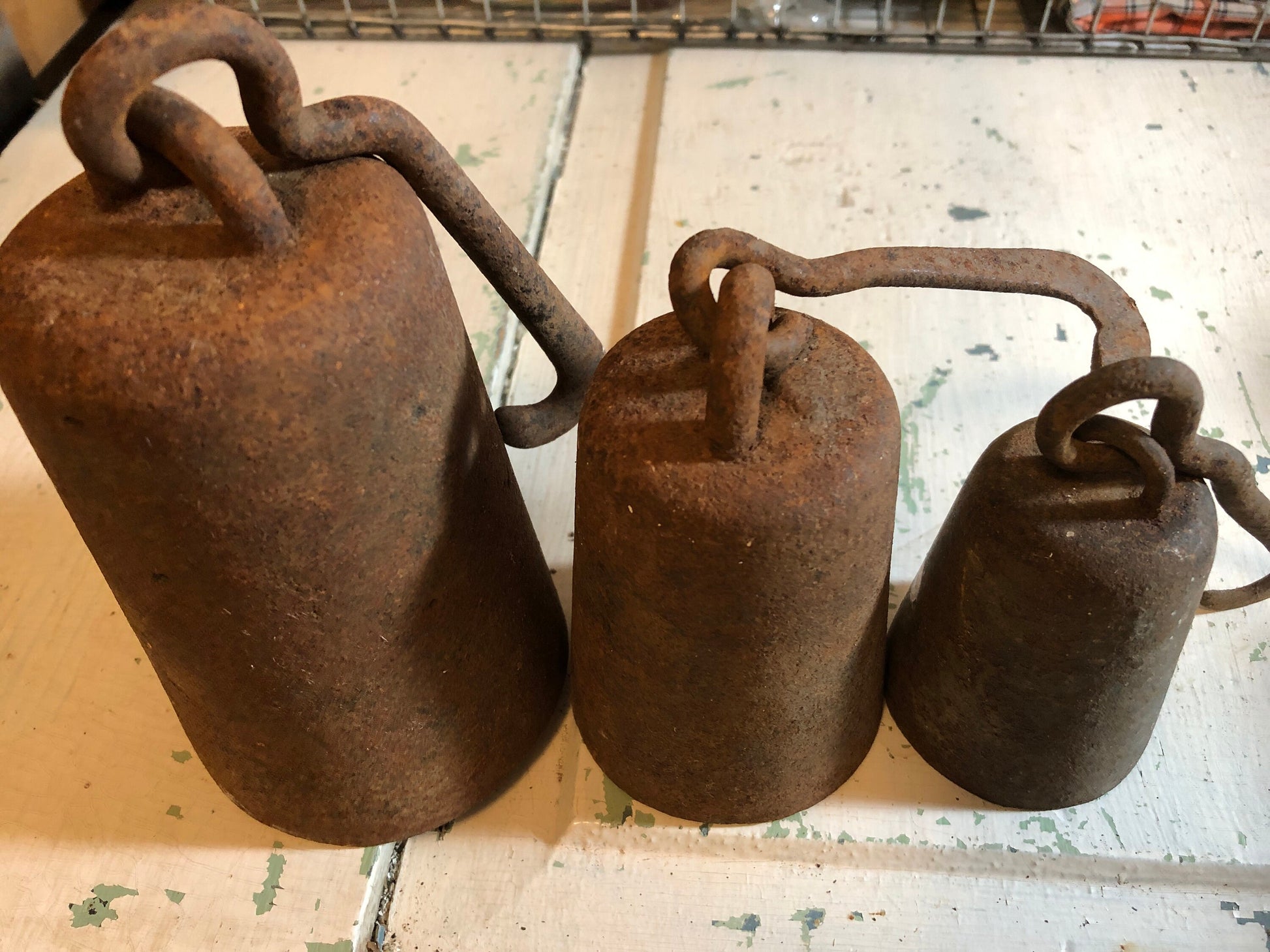 Antique Old Metal Iron 8 lb. 4 lb., and 2 lb. Set of 3 Merchants Hooked Scale Weights*