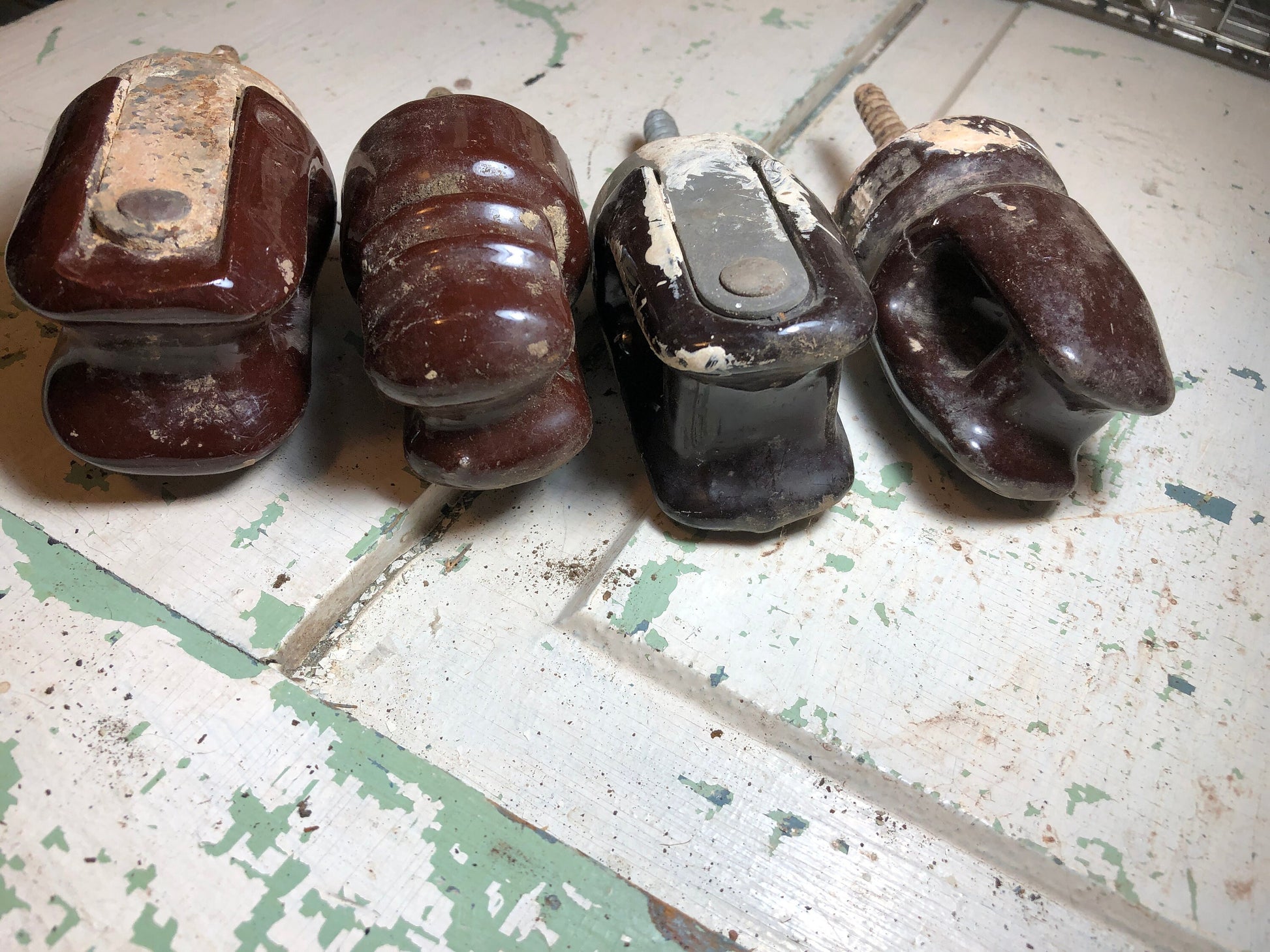 Collection of 4 Different Vintage Brown Porcelain Heavy Duty Electric Wire Insulators