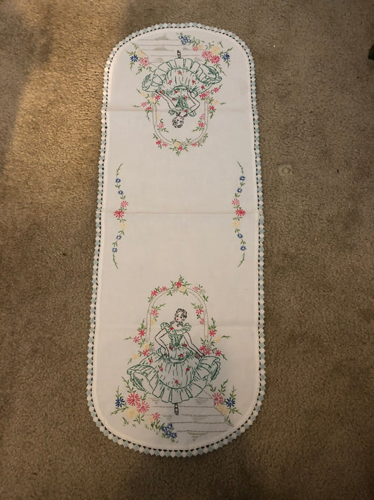 Beautifully Embroidered, Woman on Stairs with Flowers, Vintage Dresser Scarf, Finished Object 34 by 12 Inches