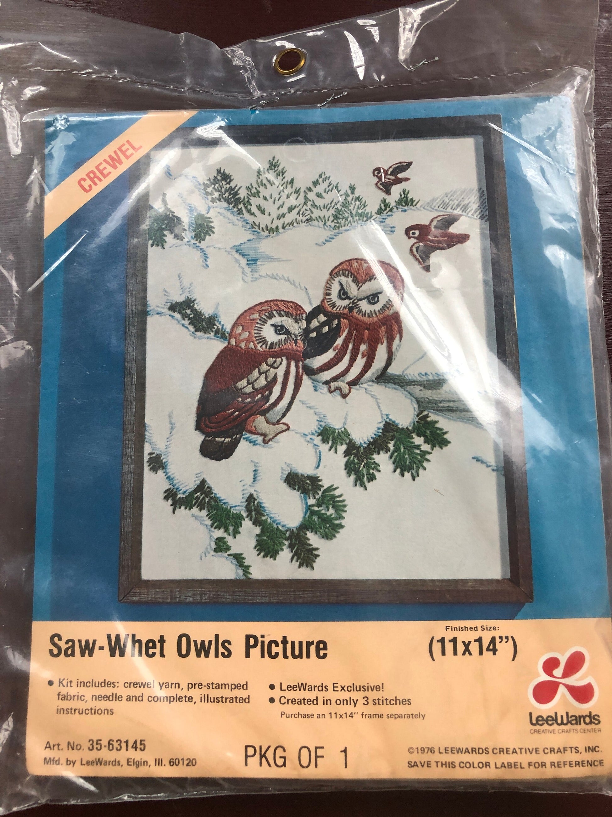 LeeWards Saw-Whet Owls Picture Vintage 1976 Crewel Kit 11 by 14 Inches Very Hard To Find