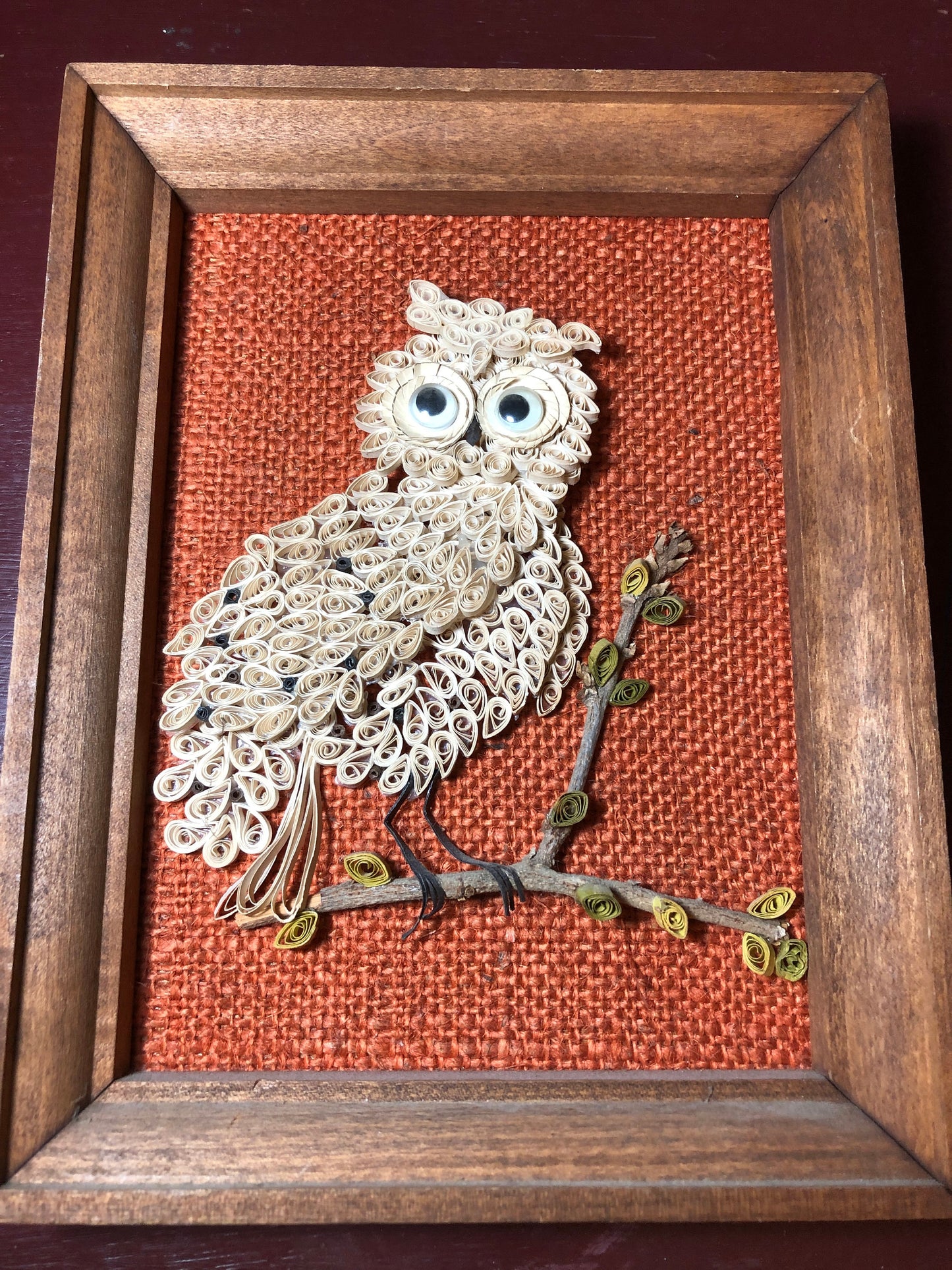 Owl Quilling on Orange Burlap, Vintage 1984, Wood Framed, Finished Project