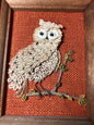 Owl Quilling on Orange Burlap, Vintage 1984, Wood Framed, Finished Project