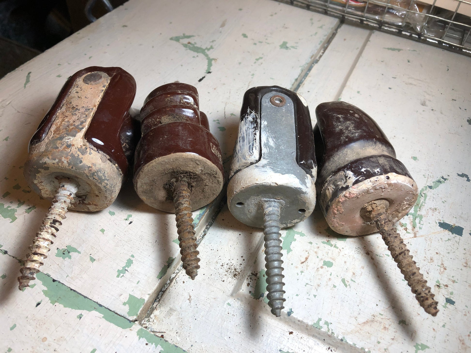 Collection of 4 Different Vintage Brown Porcelain Heavy Duty Electric Wire Insulators