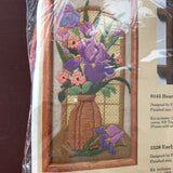 The Creative Circle, Early Iris, 1526, Vintage 1987, Crewel Kit, Stitched on 12 Inch Mesh Tan Canvas