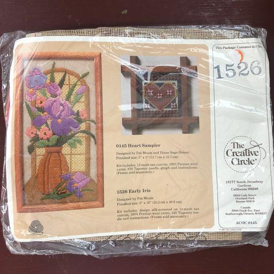 The Creative Circle, Early Iris, 1526, Vintage 1987, Crewel Kit, Stitched on 12 Inch Mesh Tan Canvas