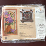 The Creative Circle, Early Iris, 1526, Vintage 1987, Crewel Kit, Stitched on 12 Inch Mesh Tan Canvas