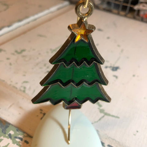 Stained Glass Evergreen Tree, Vintage, Gold Tone, Mini Ornament