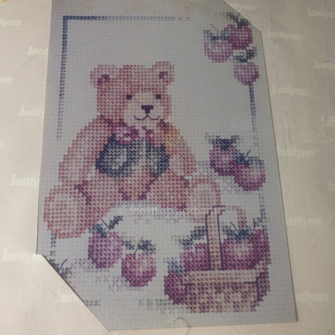 Bear with basket full of Apples, Janlyn, Vintage Counted Cross Stitch Kit, Frame Included
