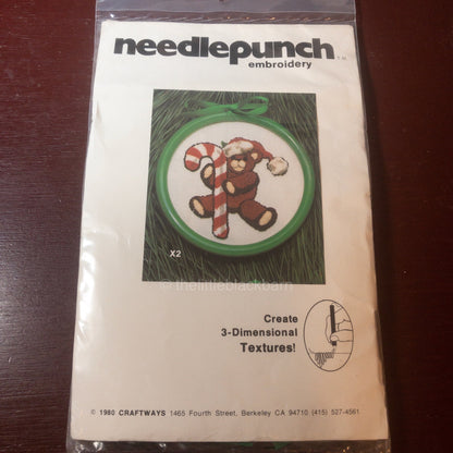 Craftways, Needlepunch, Vintage 1990, Embroidery Kit, Santa Teddy Bear Holding a Candy Cane