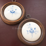 Porcelaine Blue Flowers, in Nice Round Dark Wood Frames, Vintage Collectible