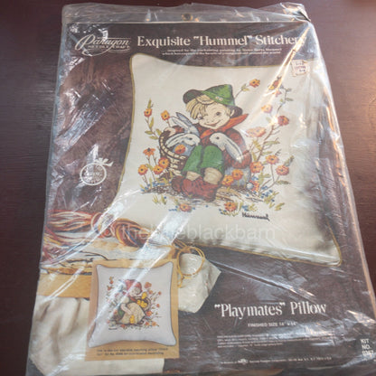 Paragon, Exquisite, "Hummel" Stitchery, "Playmates" Pillow, Vintage 1975, Crewel Pillow Kit