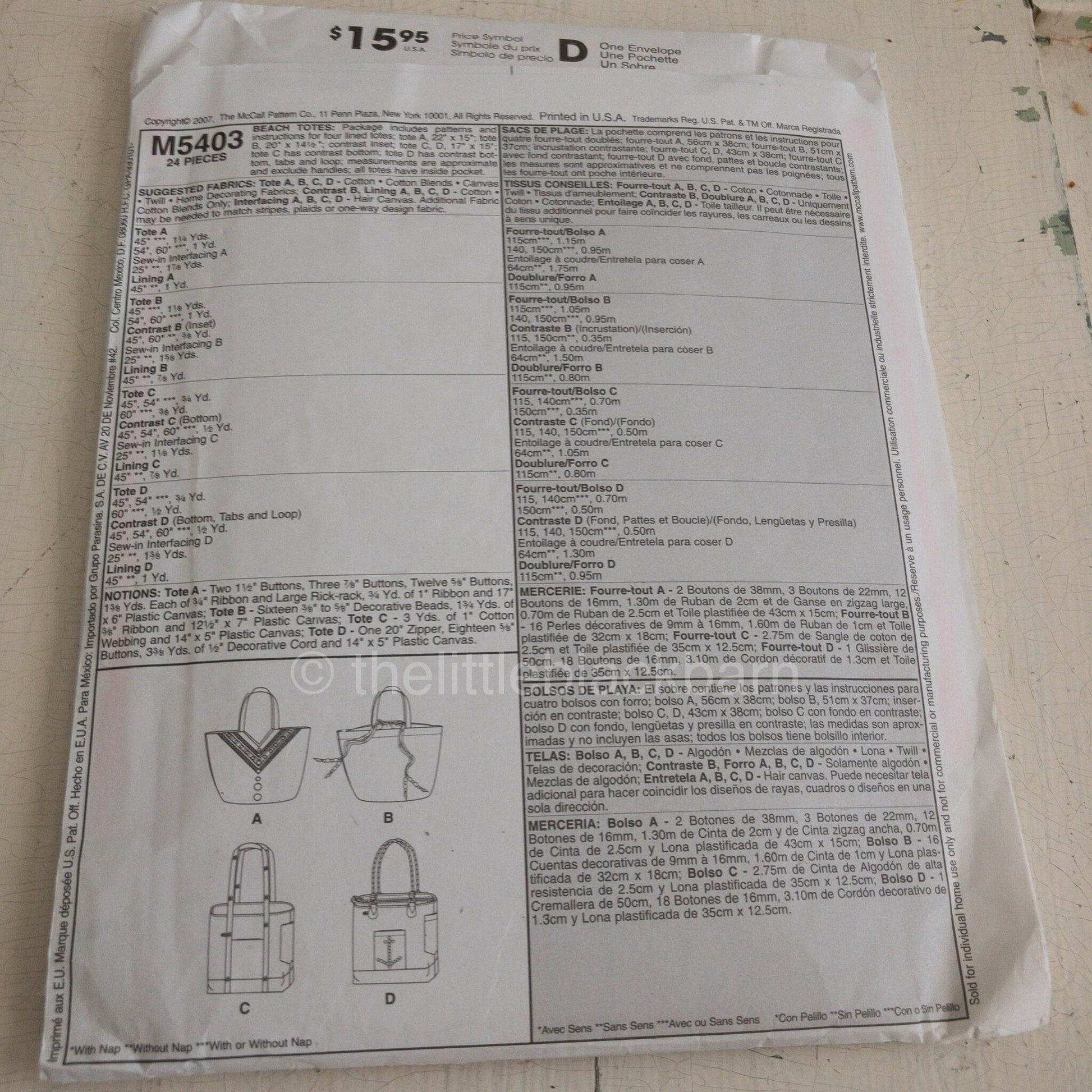 McCalls, Beach Totes Patterns, M5403, Sewing Patterns