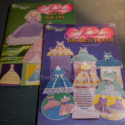 the Needlecraft Shop, Sweetheart Sack Savers & Kitchen Decor, Set Of 2,  Vintage 1999, Plastic Canvas Patterns