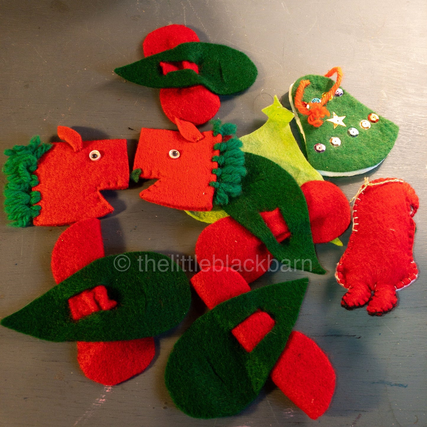 Handcrafted Felt, 4 Mice, 2 Horse Heads, Bell, Tree, & Santa Set of 9, Christmas Ornaments