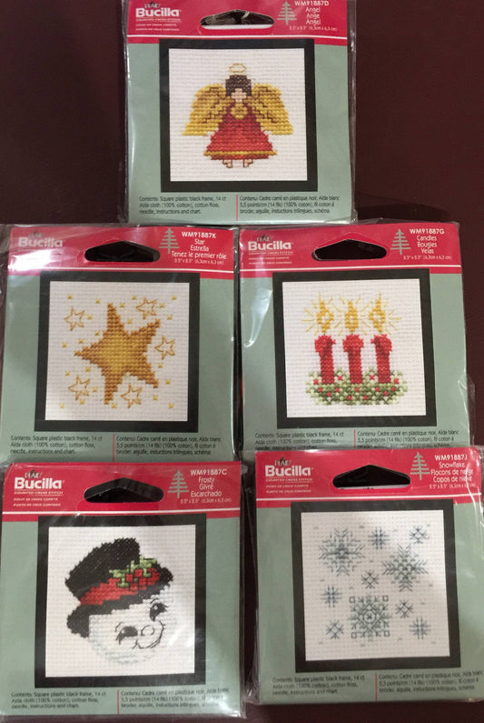 Set of five (5) Bucilla Plaid mini cross stitch kits includes Angel, Star, Candles, Snowflake and Frosty