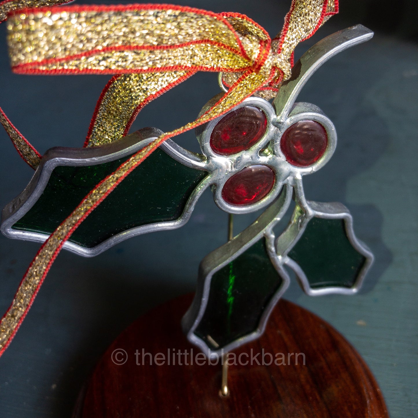 Stained Glass Holly and Berries, Vintage Leaded  Ornament