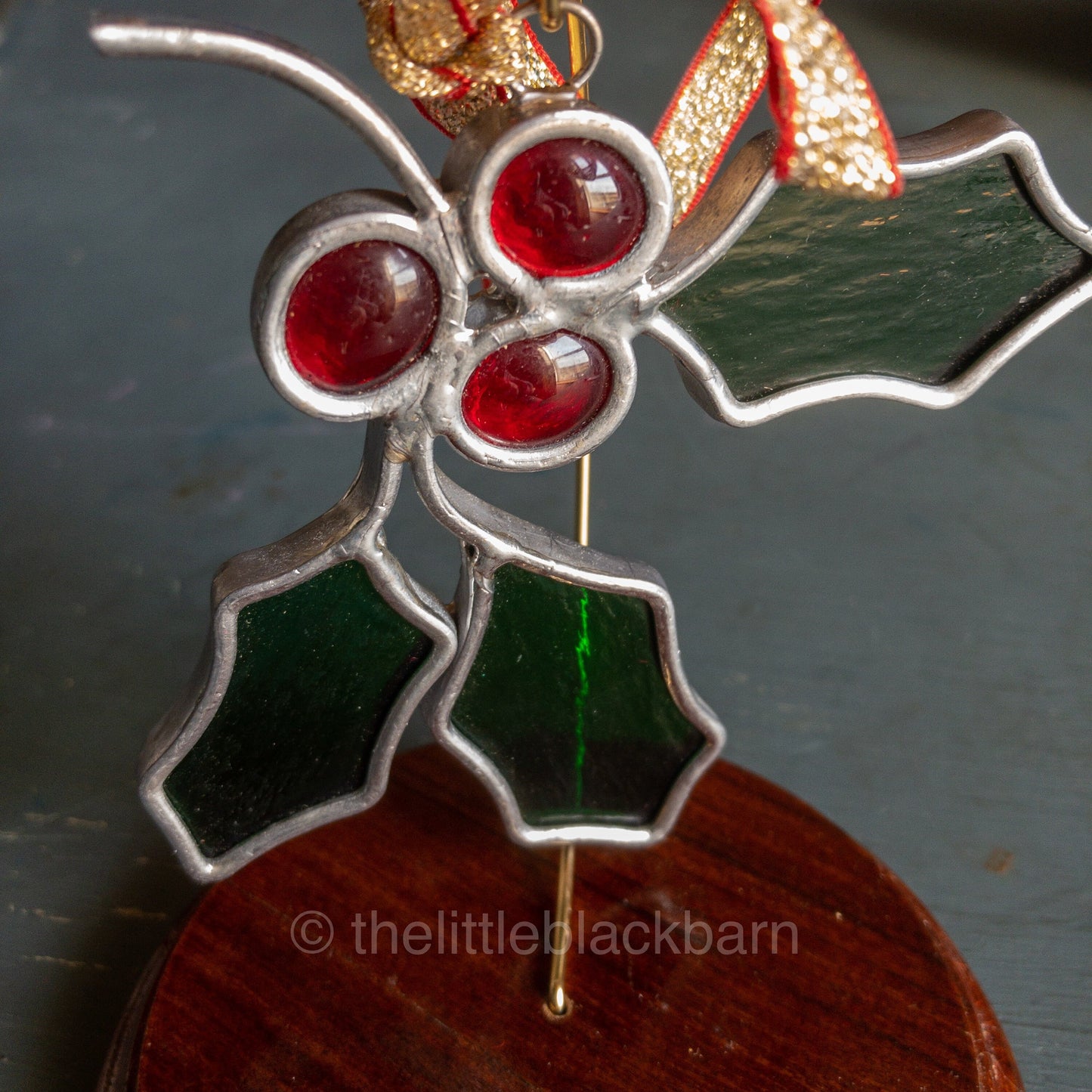 Stained Glass Holly and Berries, Vintage Leaded  Ornament