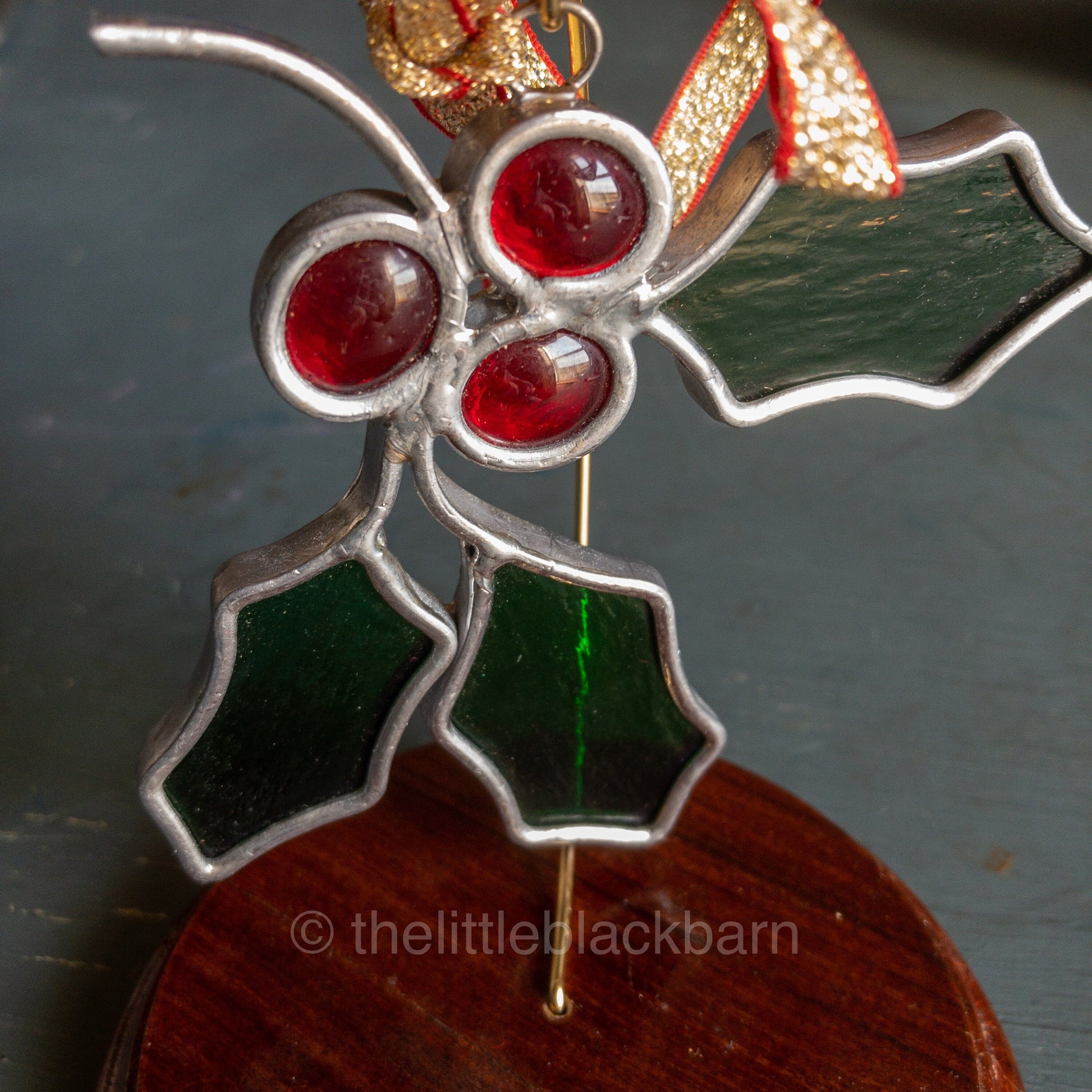 Stained Glass Holly and Berries, Vintage Leaded  Ornament