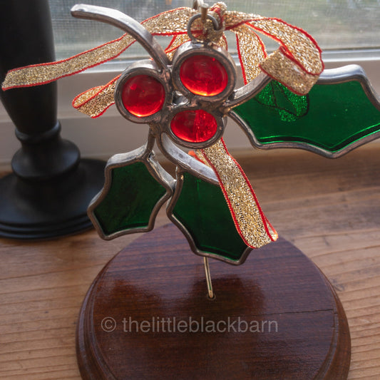 Stained Glass Holly and Berries, Vintage Leaded  Ornament