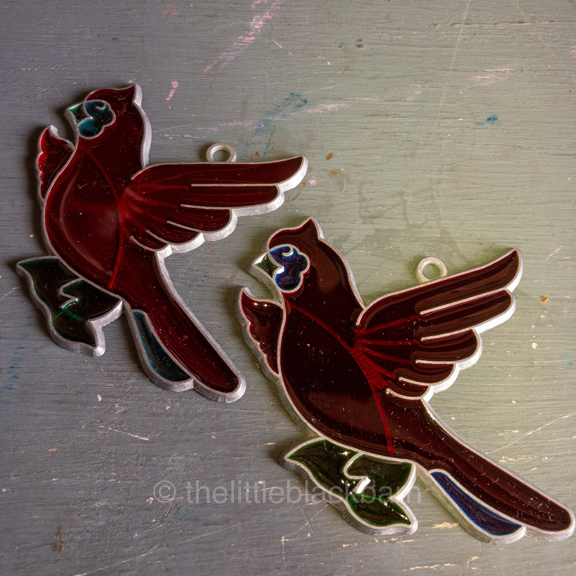 Stained Glass Pair of Red Birds/Cardinals, Vintage Ornaments