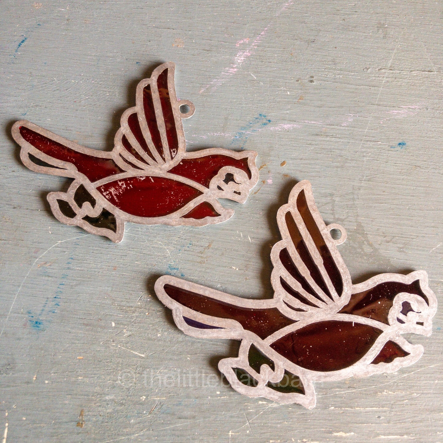 Stained Glass Pair of Red Birds/Cardinals, Vintage Ornaments