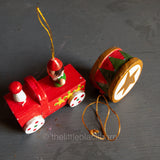Choo-Choo Train Engine and Snare Drum,  Pair of Vintage Wooden Ornaments