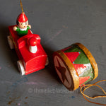 Choo-Choo Train Engine and Snare Drum,  Pair of Vintage Wooden Ornaments