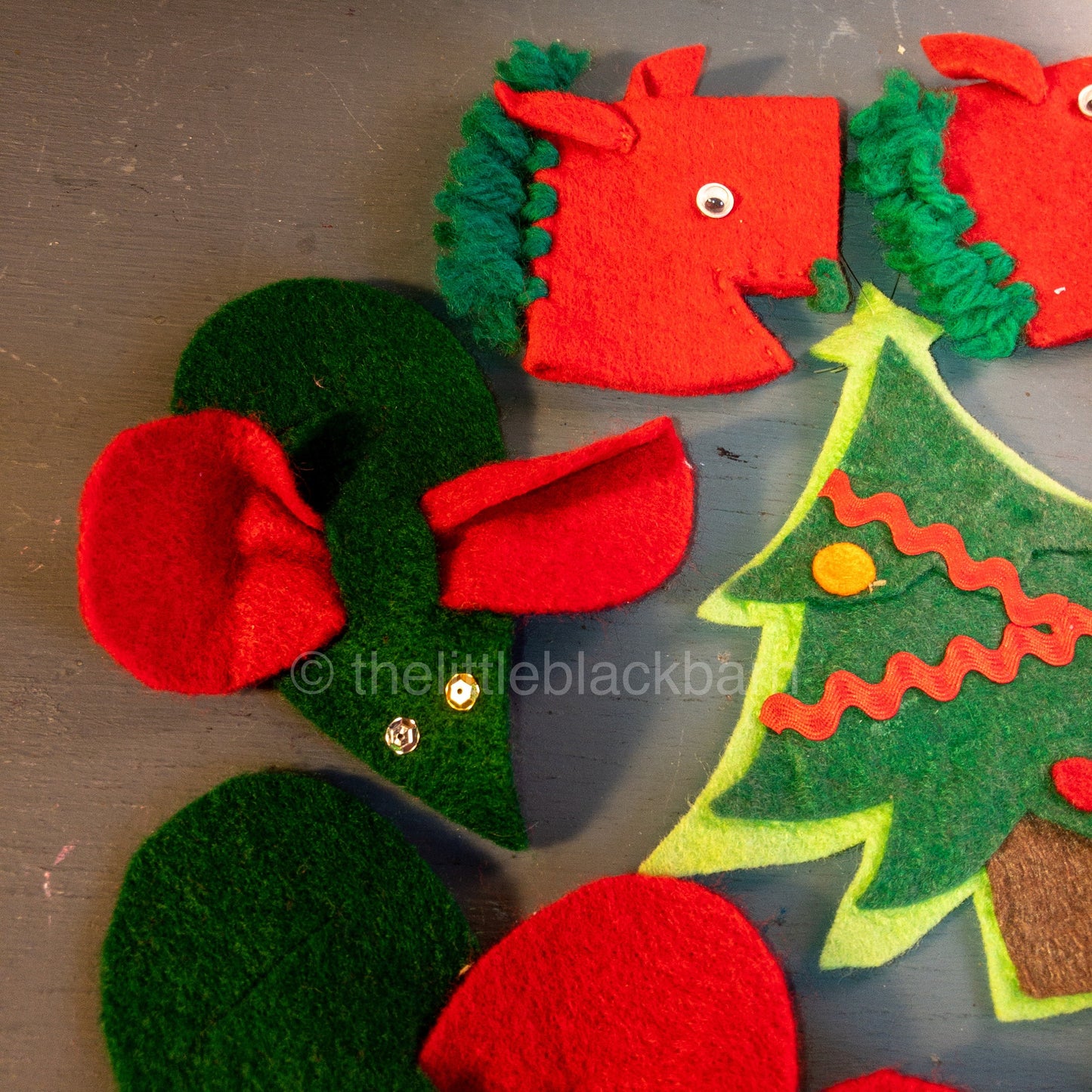 Handcrafted Felt, 4 Mice, 2 Horse Heads, Bell, Tree, & Santa Set of 9, Christmas Ornaments