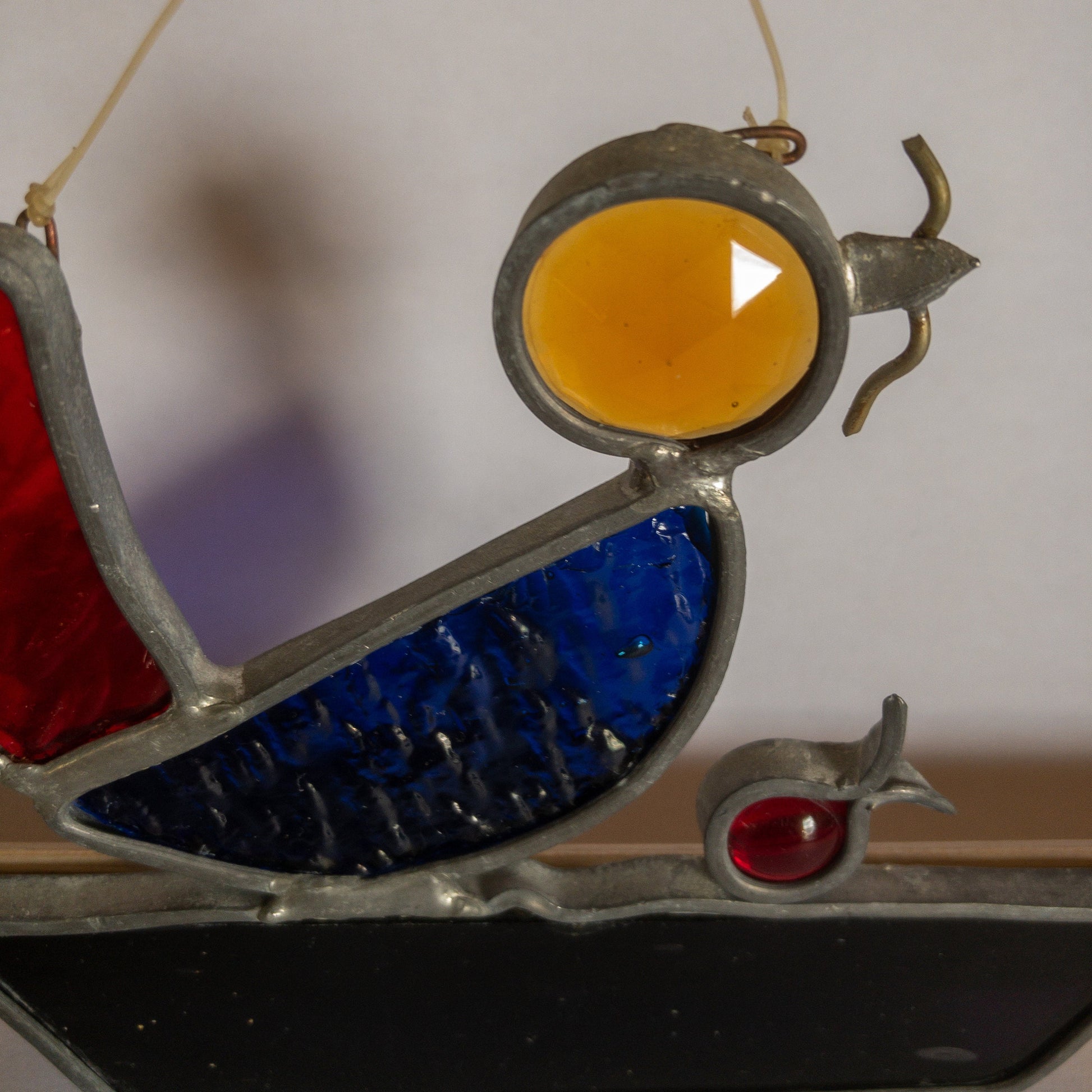 Stained Glass, Bird On Boat with a Worm and a Fish Jumping On Board, Vintage Ornament / Suncatcher