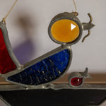 Stained Glass, Bird On Boat with a Worm and a Fish Jumping On Board, Vintage Ornament / Suncatcher