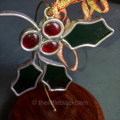 Stained Glass Holly and Berries, Vintage Leaded  Ornament