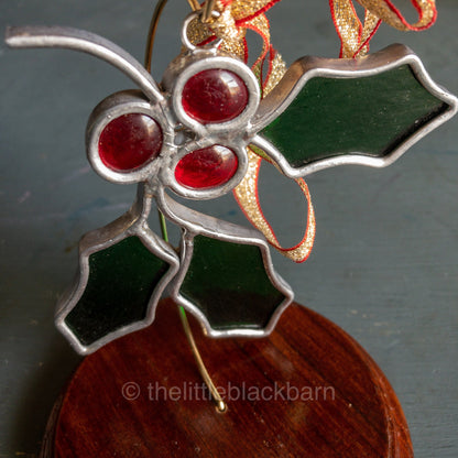 Stained Glass Holly and Berries, Vintage Leaded  Ornament