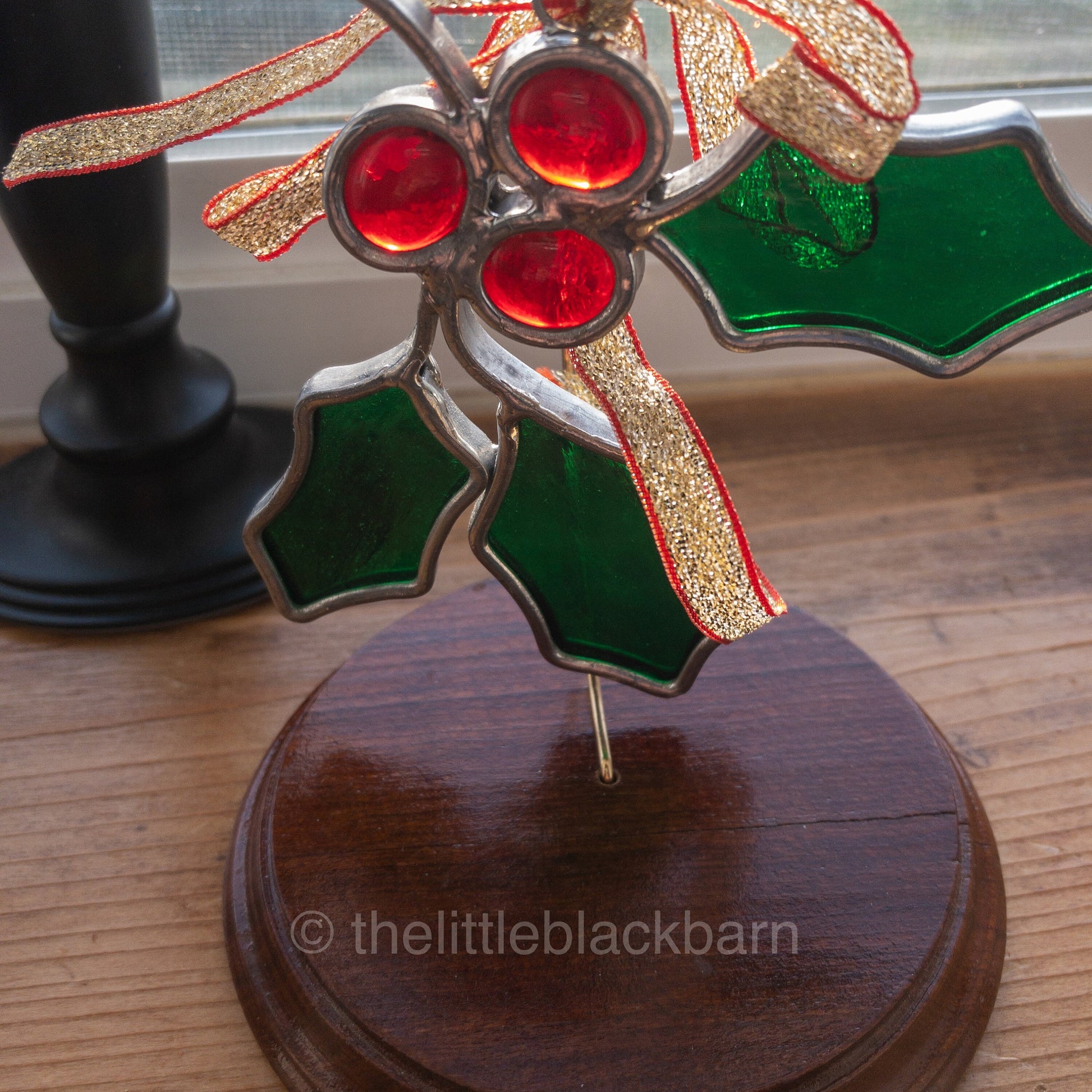 Stained Glass Holly and Berries, Vintage Leaded  Ornament