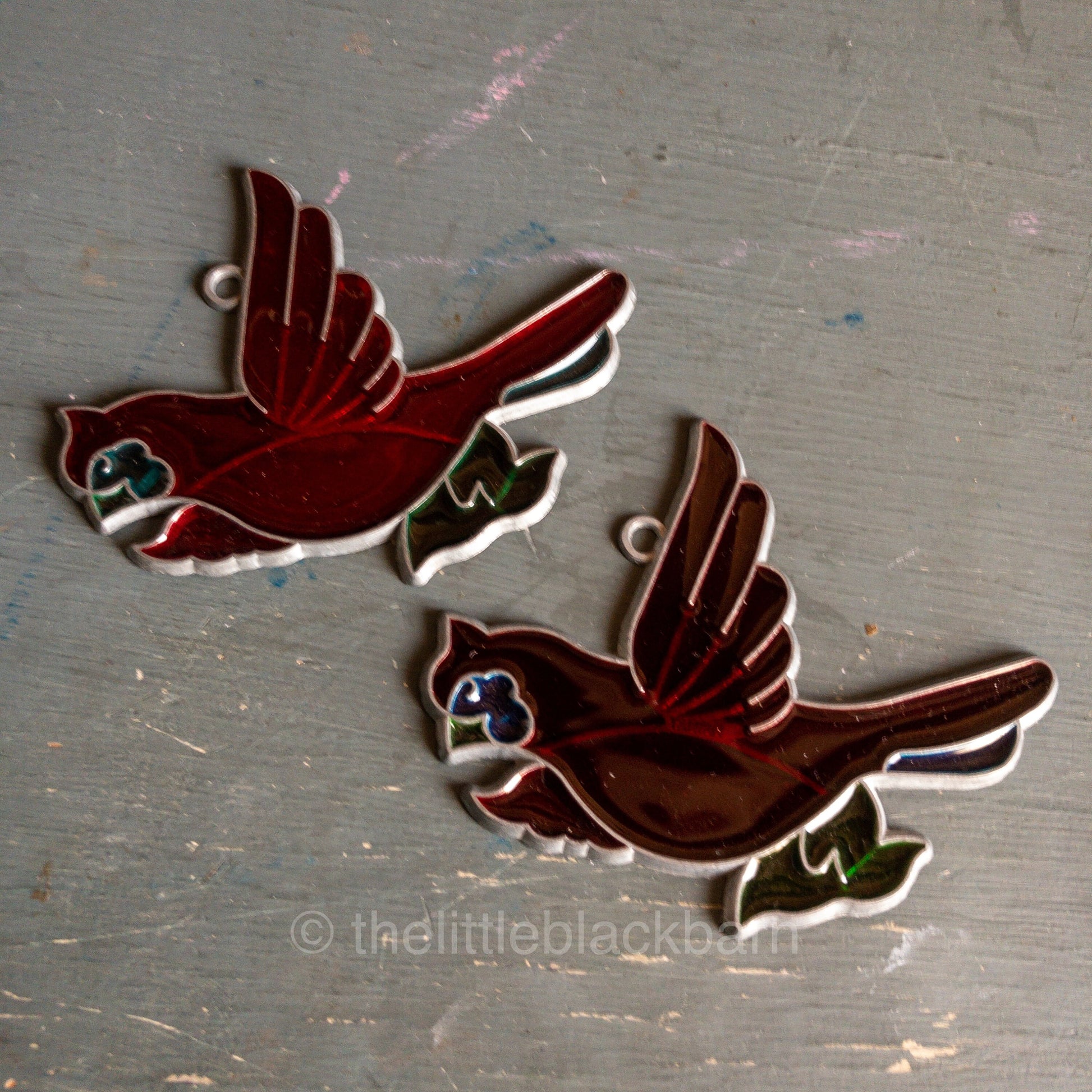 Stained Glass Pair of Red Birds/Cardinals, Vintage Ornaments