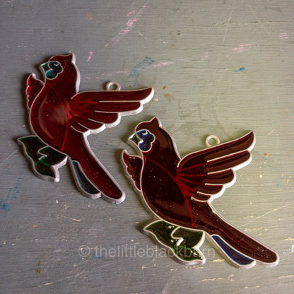 Stained Glass Pair of Red Birds/Cardinals, Vintage Ornaments