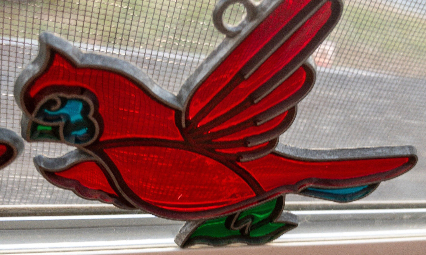 Stained Glass Pair of Red Birds/Cardinals, Vintage Ornaments