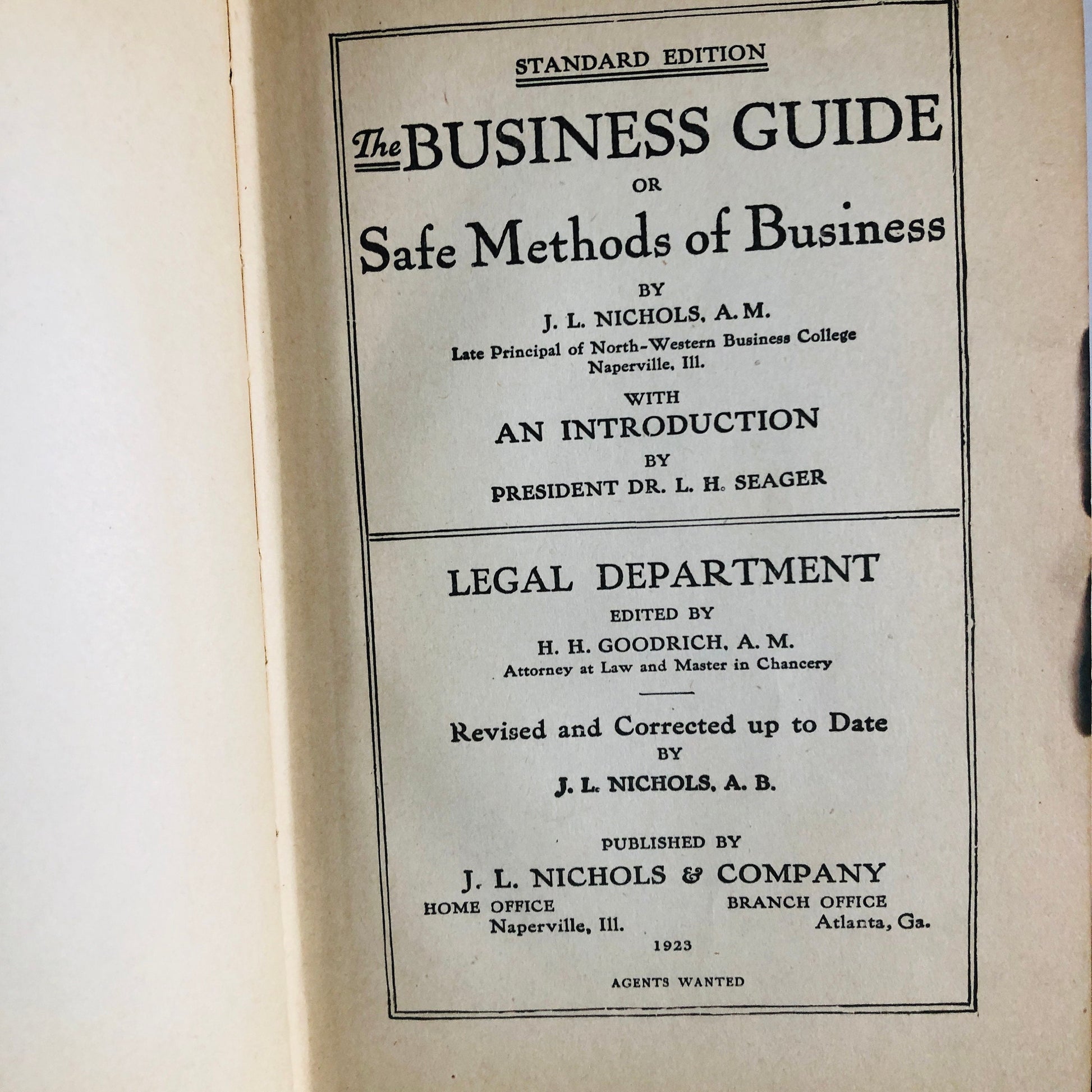Safe Methods of Business, J. L. Nichols, A.M. Copyright 1921 The Business Guide, Vintage Collectible  Book*