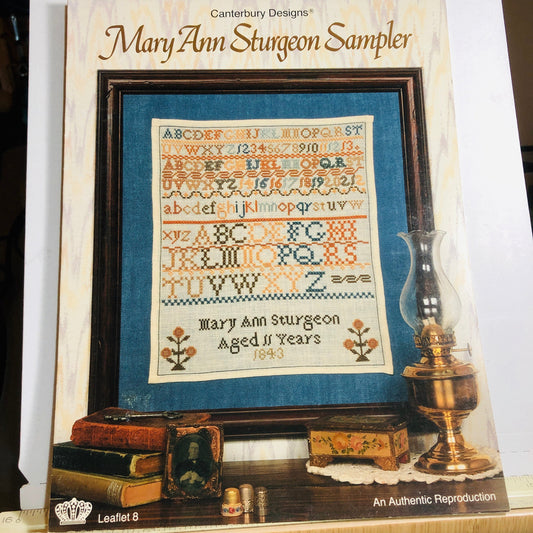 Canterbury Designs, Mary Ann Sturgeon Sampler, Vintage 1988, Counted Cross Stitch Chart Stitch Count 166 by 144