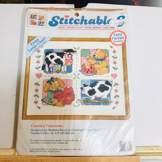 Dimensions, Stitchables, Country Foursome, Barbara Mock, Vintage 1993 Counted Cross Stitch Kit*