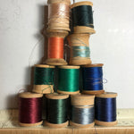 Set Of 11 Wooden Vintage Spools Of Thread, with Some Silk Thread See Description Of Colors*